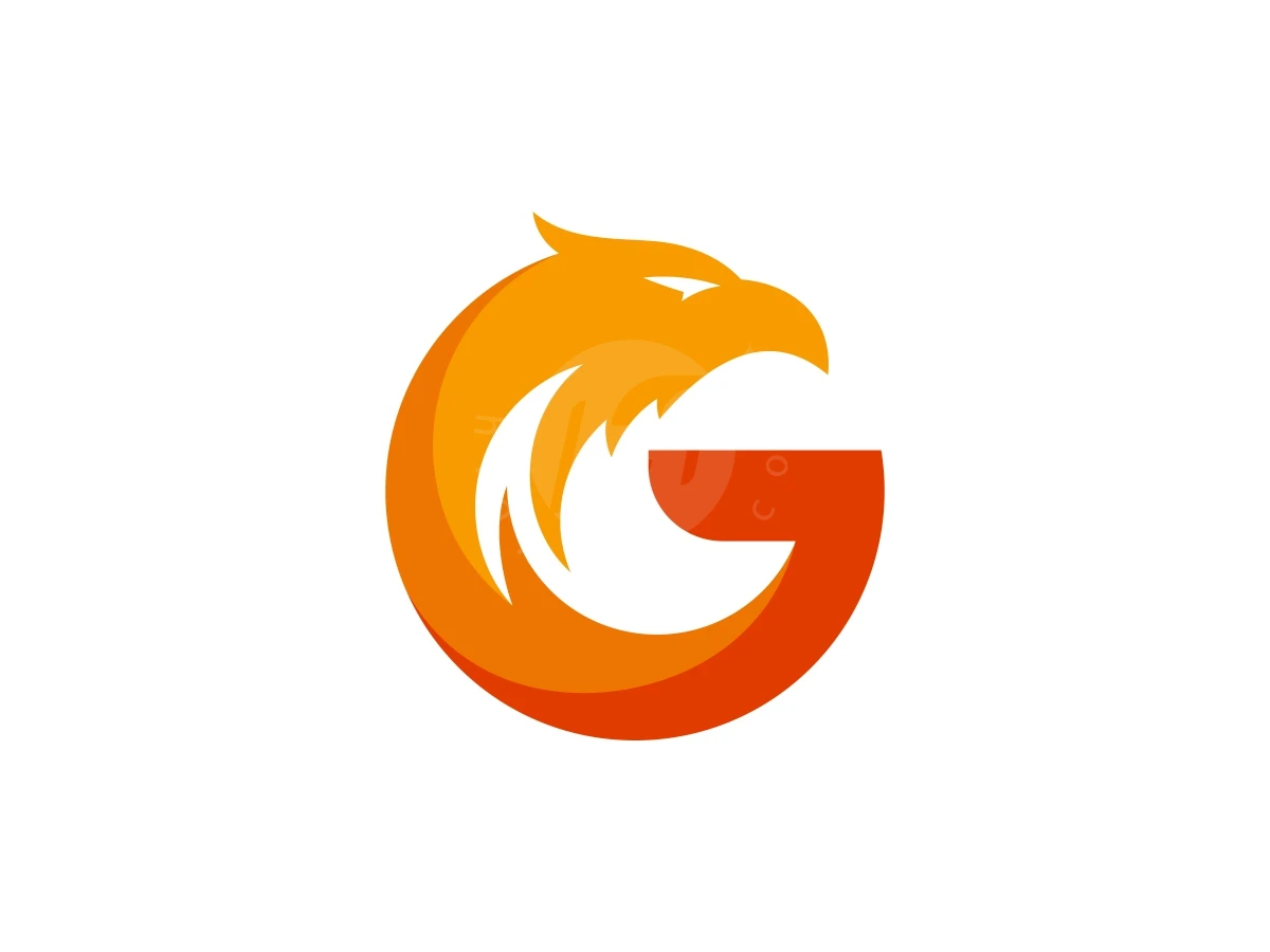 Letter "G" And Eagle's Head Logo Designs, Vibrant orange and red gradients shape a stylized eagle head curving to form the letter G on white.
