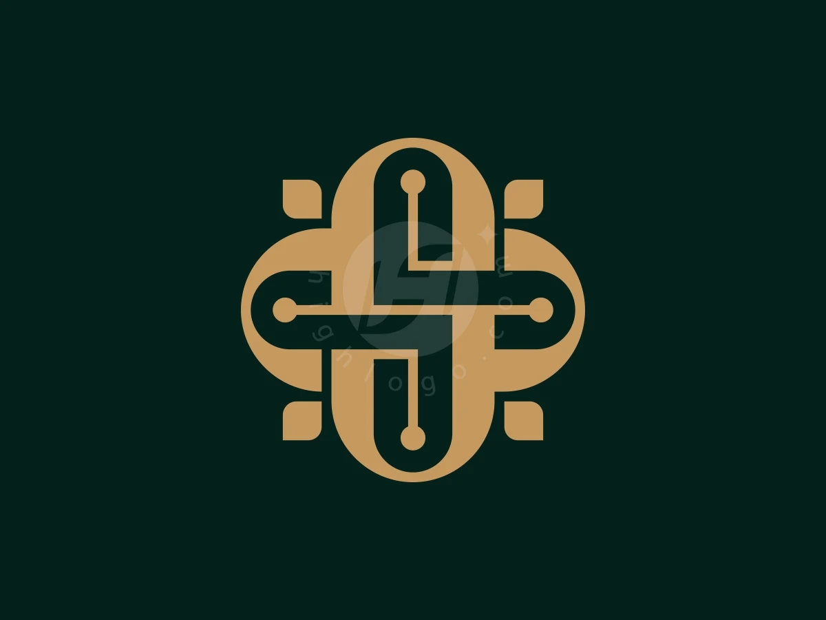 Infinity Symbol Or Abstract Symbol. Or Modern S Letter,, Centered on a dark green background, a gold geometric monogram combines curved lines, circuit-like nodes, and leaf accents.