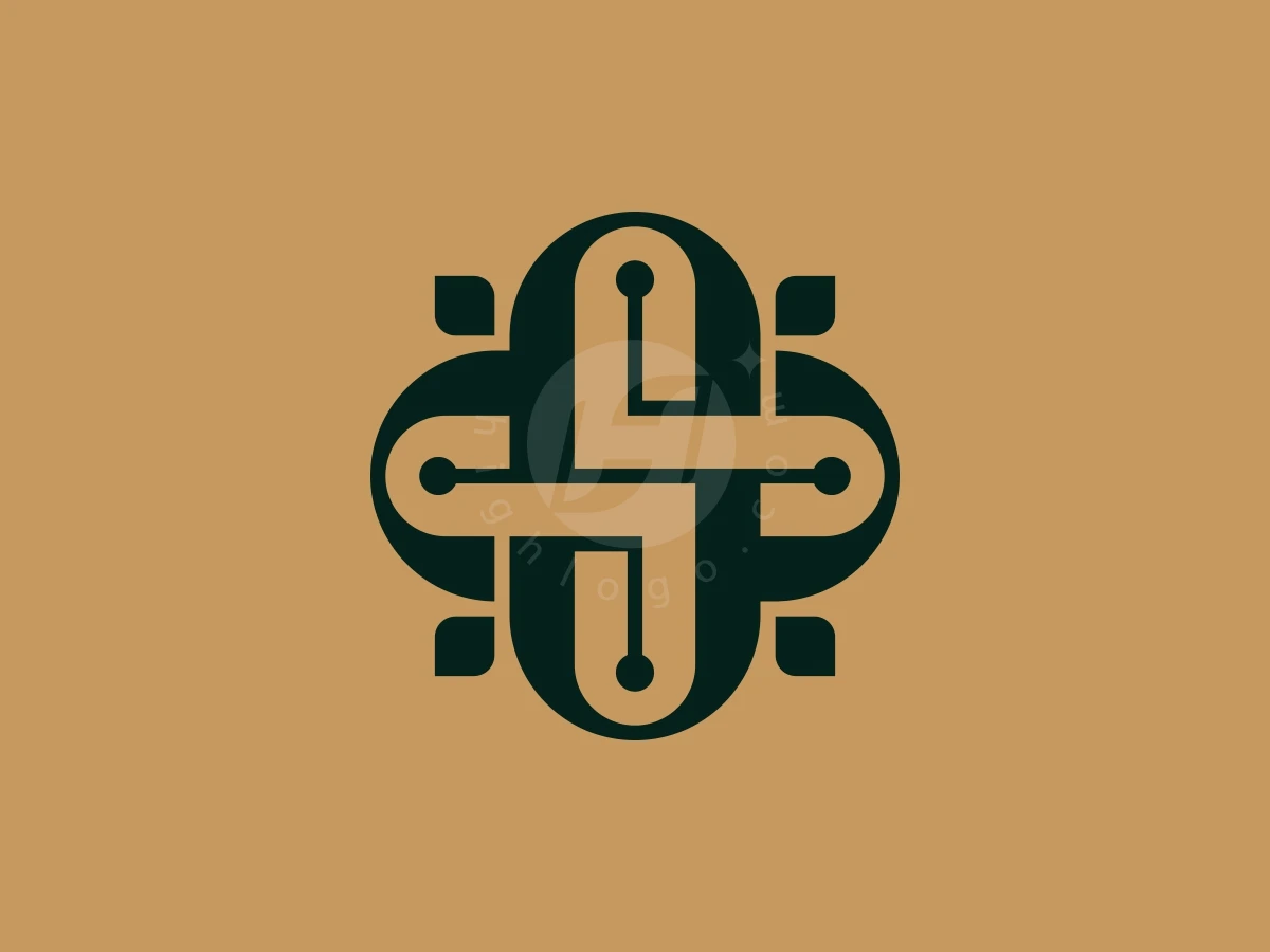 Infinity Symbol Or Abstract Symbol. Or Modern S Letter,, Interlocking gold lines and dark green shapes create a symmetrical cross emblem centered on a warm tan background.
