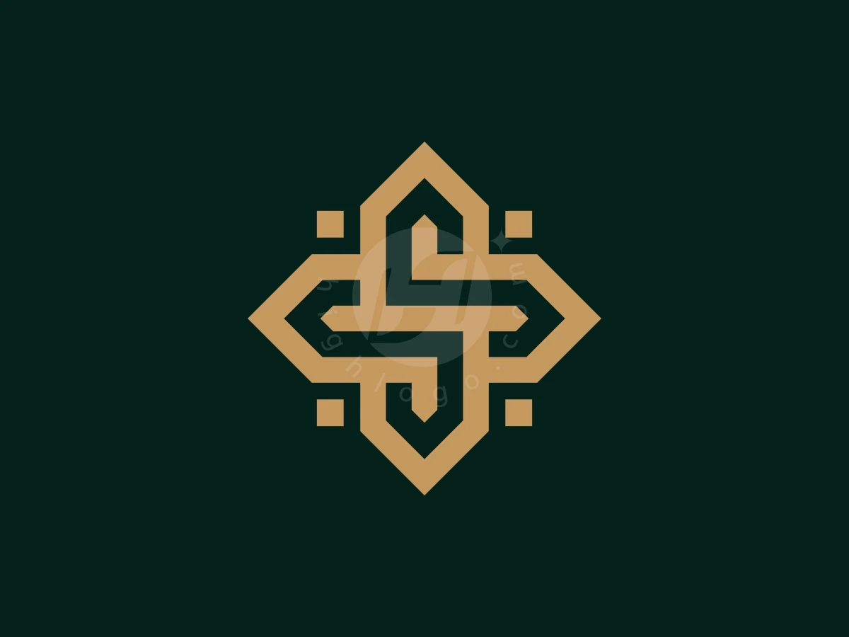 Letter S Or Royal Infinity Path Logo, Interlocking gold geometric bands shape a symmetrical, star-like emblem centered on a deep forest green background.