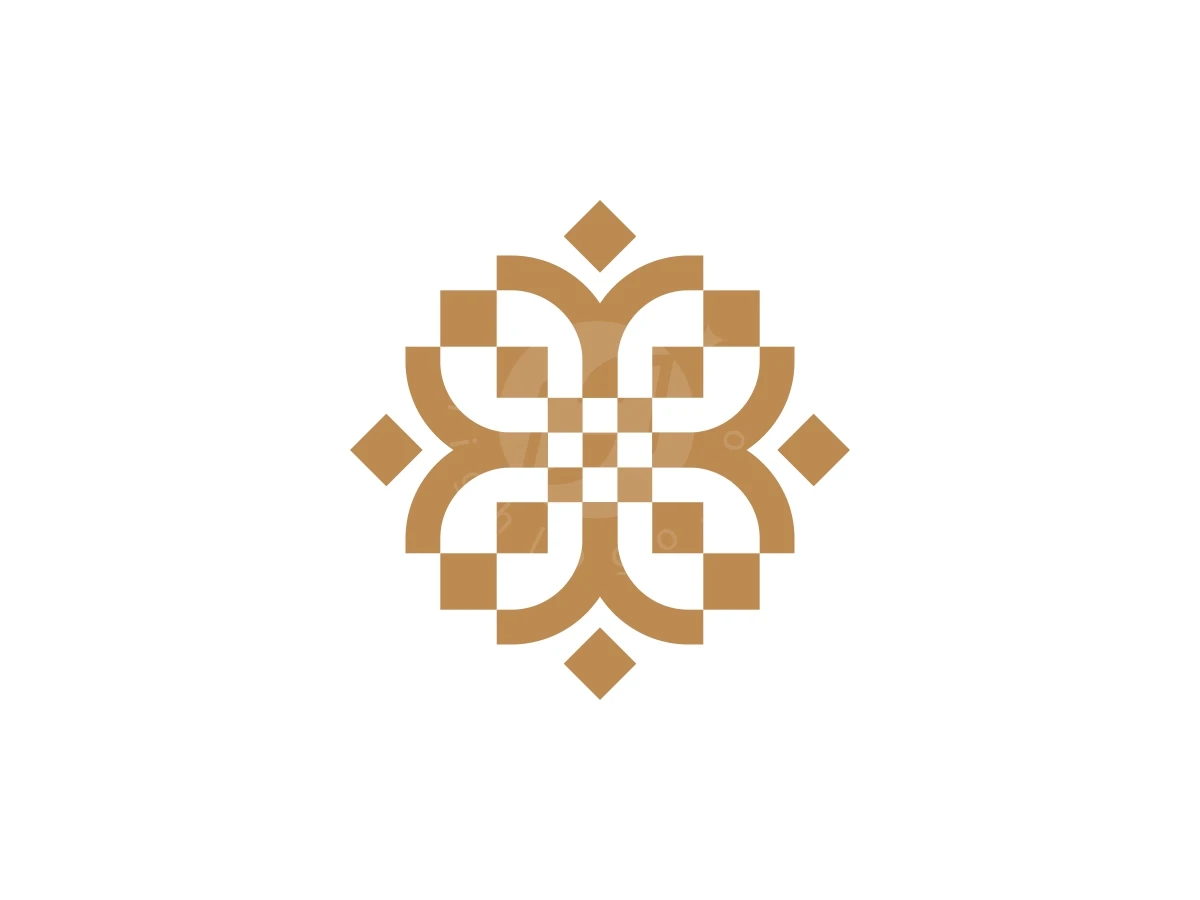 Golden Lotus Mosaic Or Luxury Floral Logo, Symmetrical gold floral motif featuring geometric curves and diamond accents centered on a solid white background.