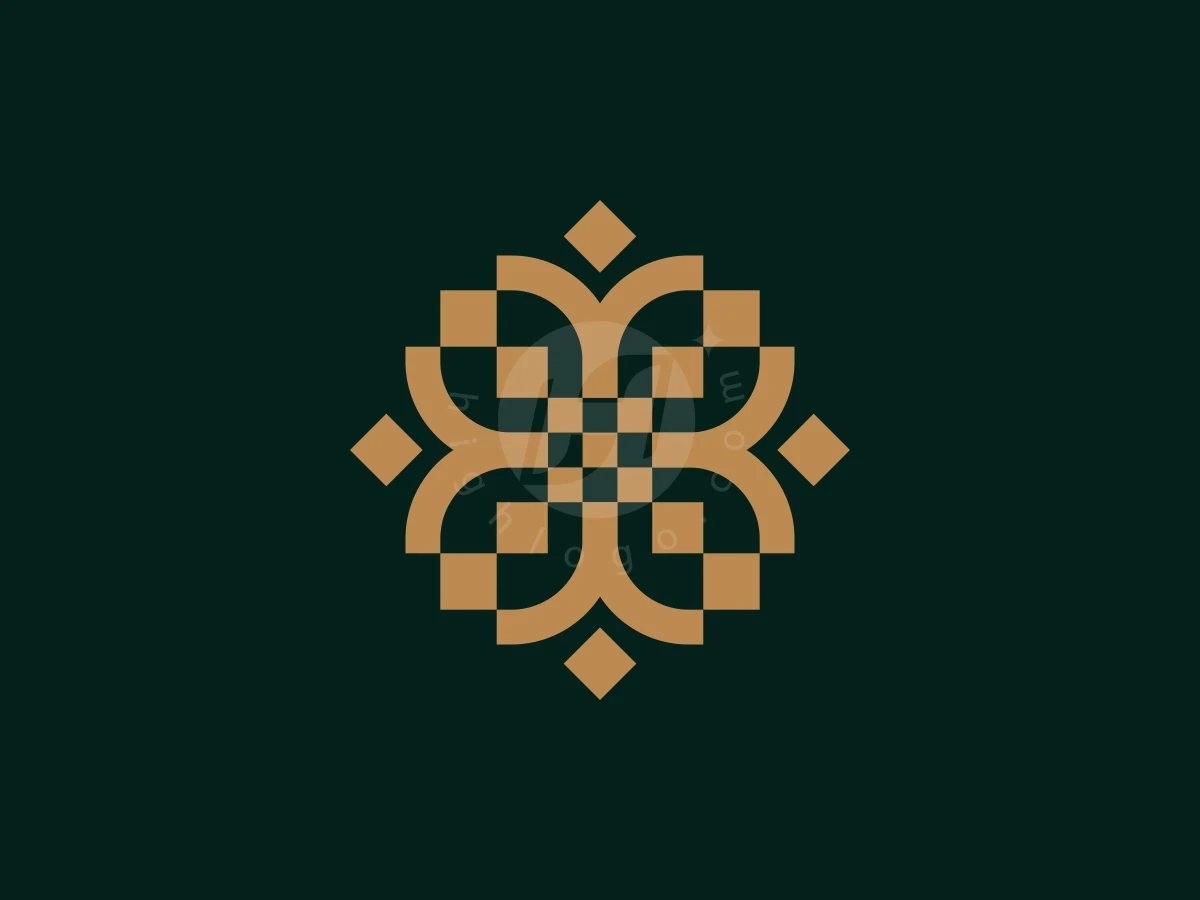 Golden Lotus Mosaic Or Luxury Floral Logo, Interlocking gold geometric lines form a symmetrical floral emblem centered against a dark forest green background.