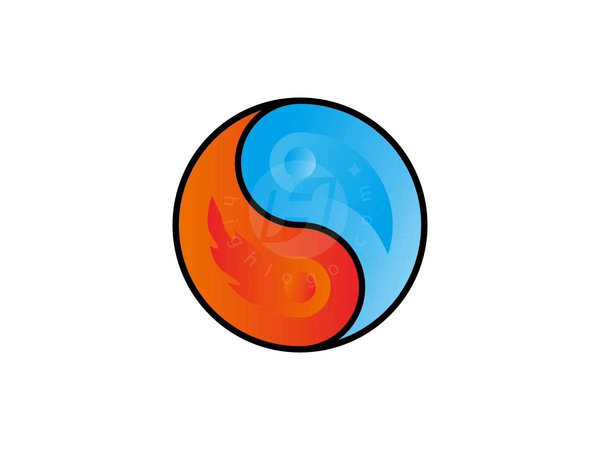Ying Yang Water And Fire Logo, Vibrant orange fire and cool blue water flow together inside a circular yin-yang symbol with a black border.