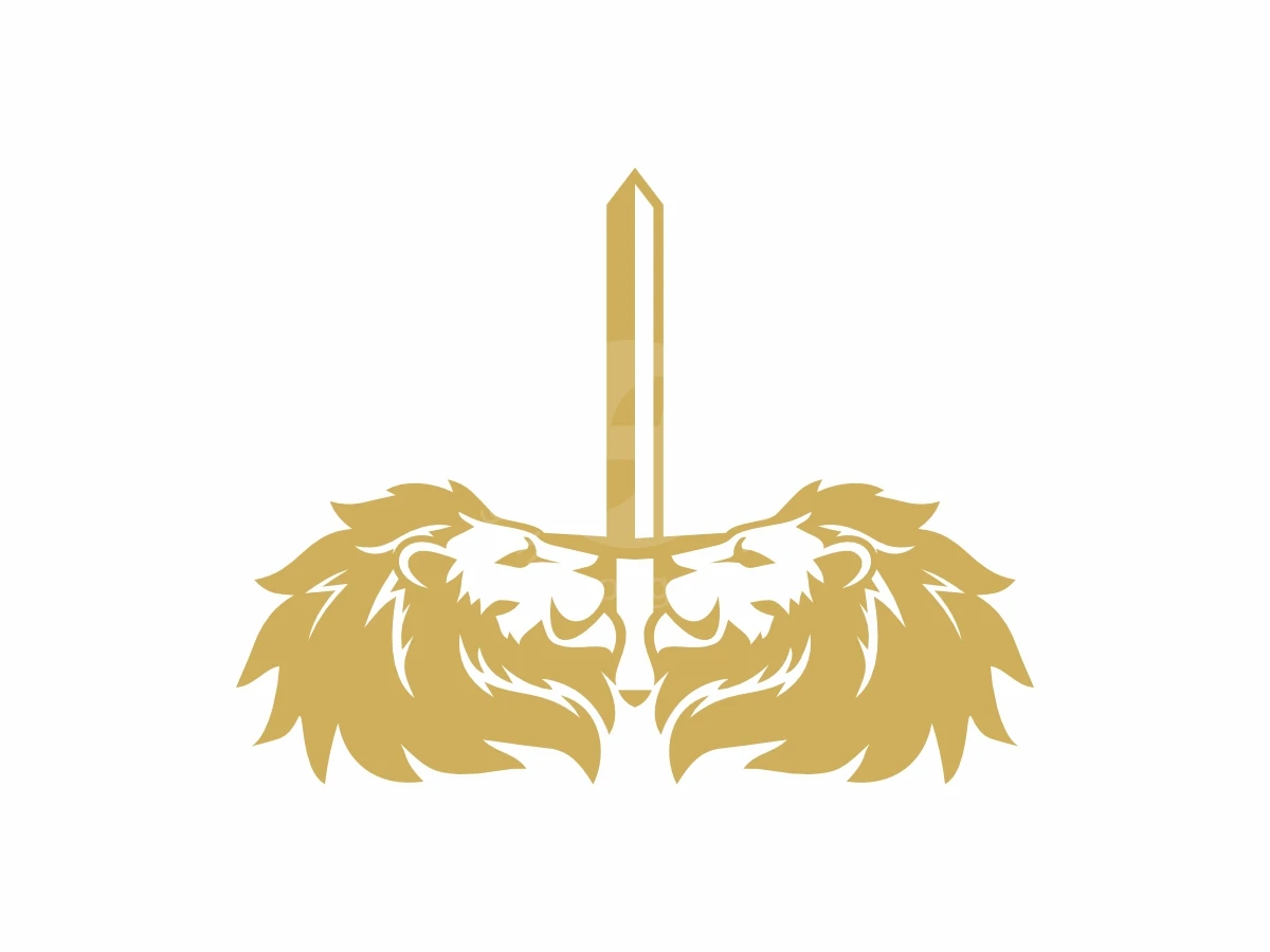 Heraldic Lion And Sword Logo, Golden lion heads face inward, flanking a central vertical sword in a symmetrical design on a white background.