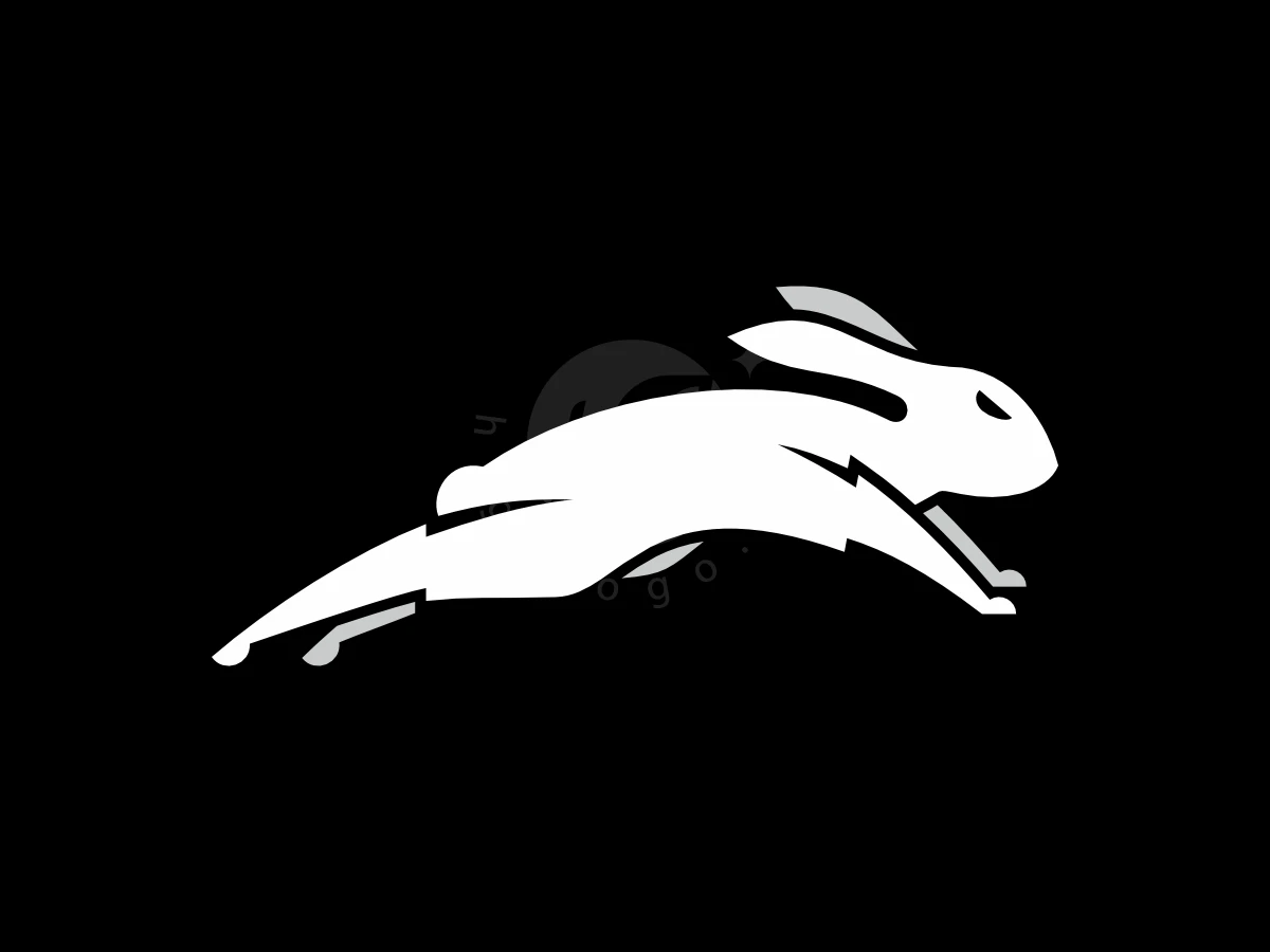 Lighnting Rabbit, Dynamic white rabbit silhouette leaps forward against a solid black background, featuring sharp angles and subtle grey details.