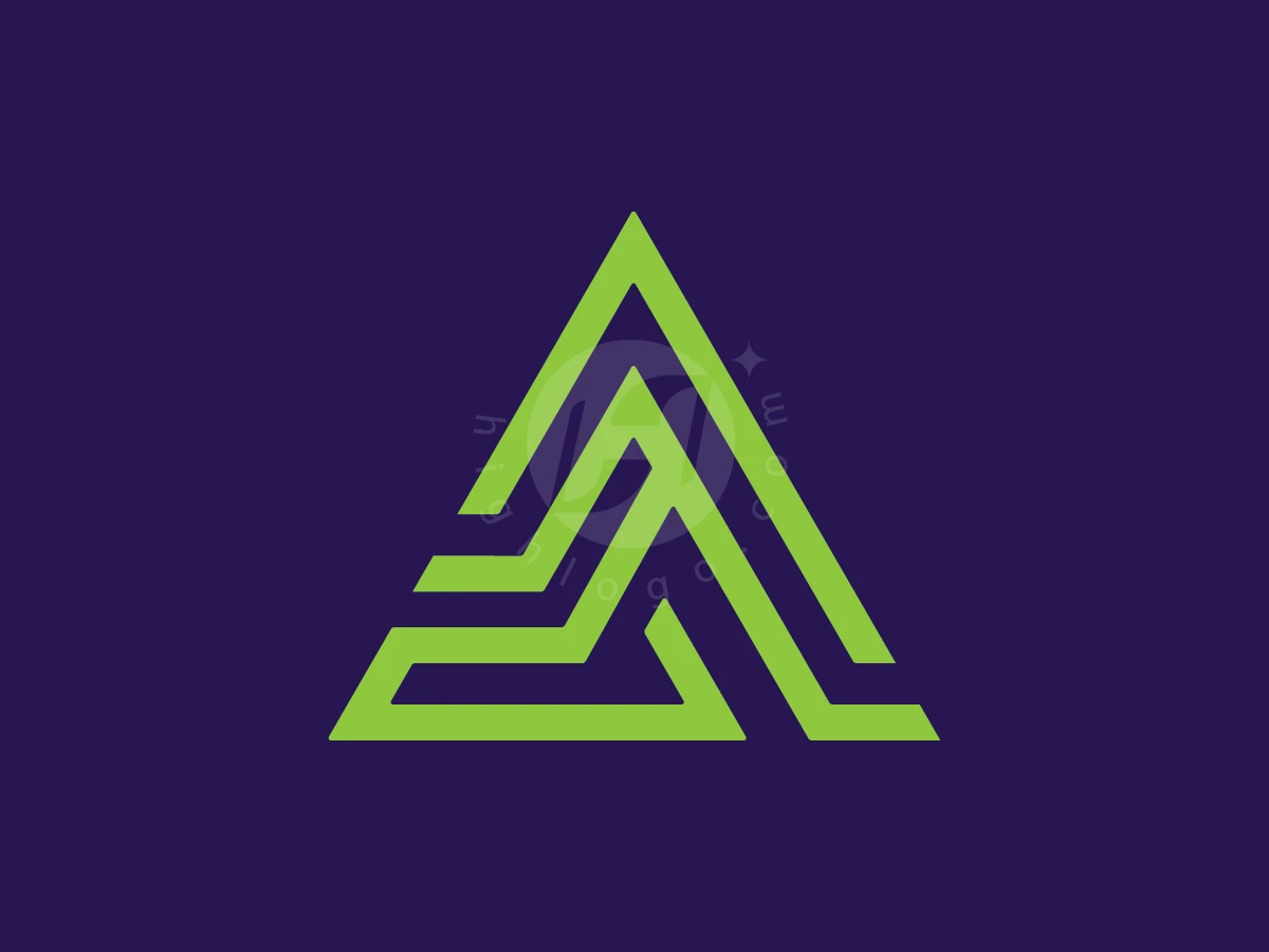 Futuristic Geometric Triangle Letter A Tech Logo, Interlocking lime green lines form a sharp, triangular geometric symbol centered on a deep navy blue backdrop.