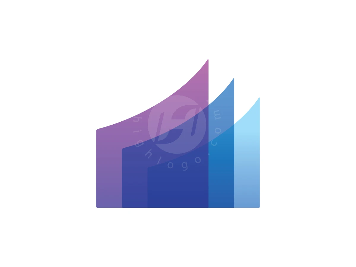 Minimal Gradient Growth Bar Business Logo, Three curved geometric layers in purple and blue gradients overlap on a clean white background.