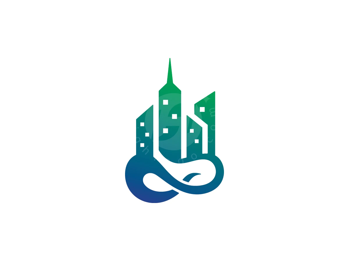 Green City Eco Community Logo, Rising from a blue and green infinity loop, stylized skyscrapers feature a smooth gradient on a white background.