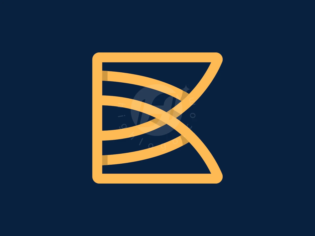 Elegant Abstract Ribbon Letter B Logo, Curves of golden yellow line art form a stylized letter B on a solid dark blue background.