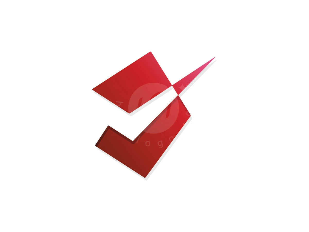 Sharp Abstract Check Mark Corporate Logo, Split by a white checkmark, red geometric blocks taper into a sharp pink tip on a plain white background.