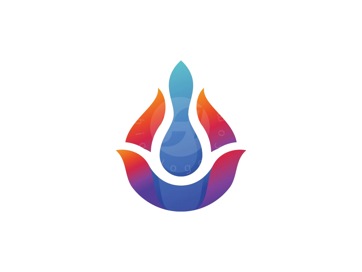 Colorful Water Drop Flame Gradient Logo, Petals of orange, red, and purple gradient curve around a central blue droplet to form a stylized flame.