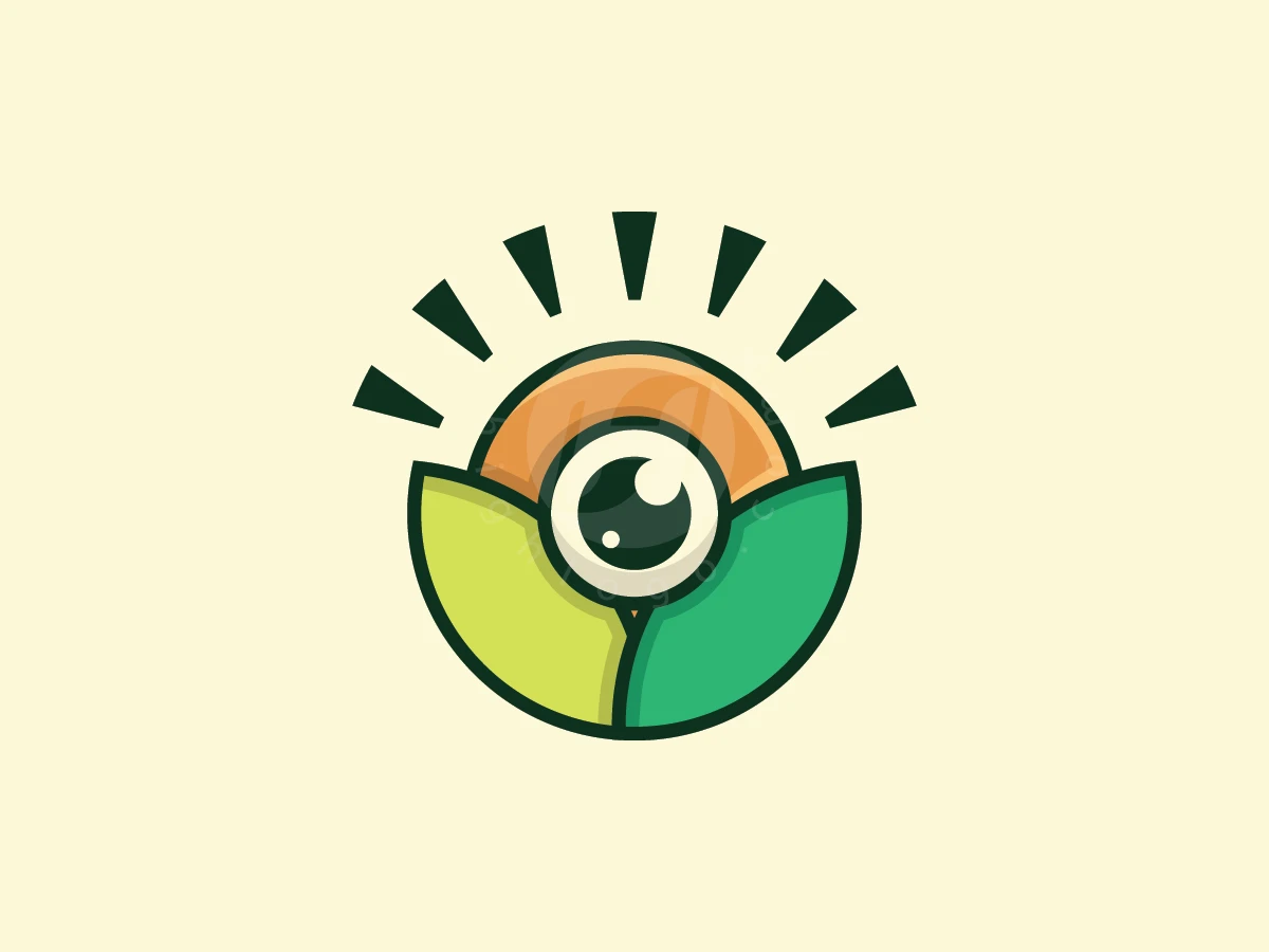 Organic Nature Agriculture Community Logo, Leaves cradle a central eye below an orange arch with radiating black rays on a beige background.
