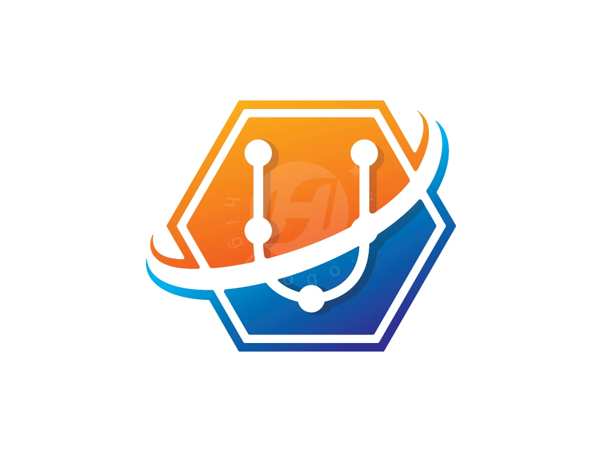 Futuristic Hexagon Modern Technology Logo, Letter U with circular nodes sits inside a divided orange and blue hexagon with a sweeping curved line.