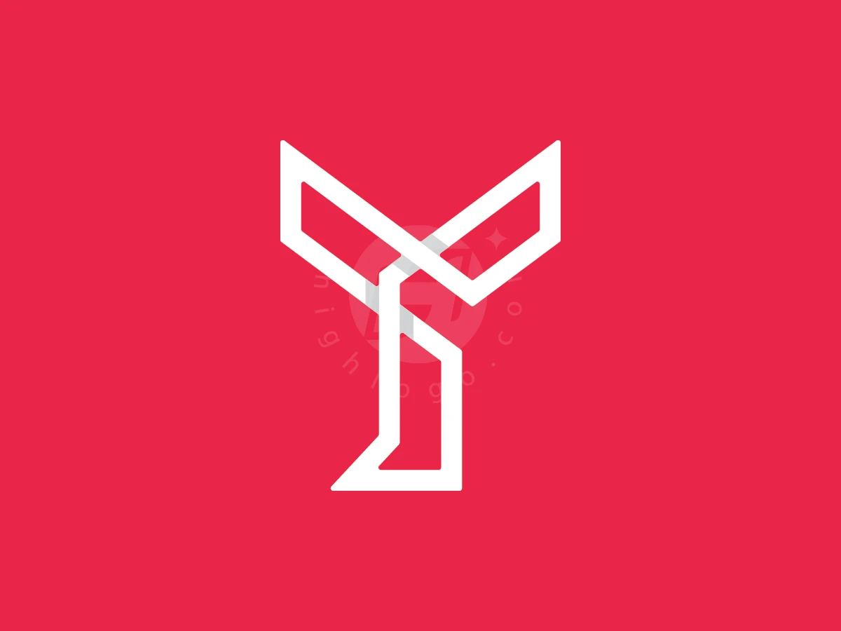 Minimalist Geometric Letter Y Monogram Technology Logo, Against a vibrant red background, interlocking white geometric lines form a stylized letter Y.
