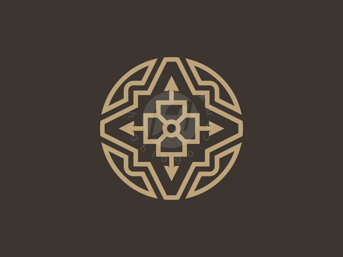 Intricate Geometric Floral Medallion Logo, Golden geometric lines shape a symmetrical circular emblem featuring four outward-pointing arrows against a dark brown background.