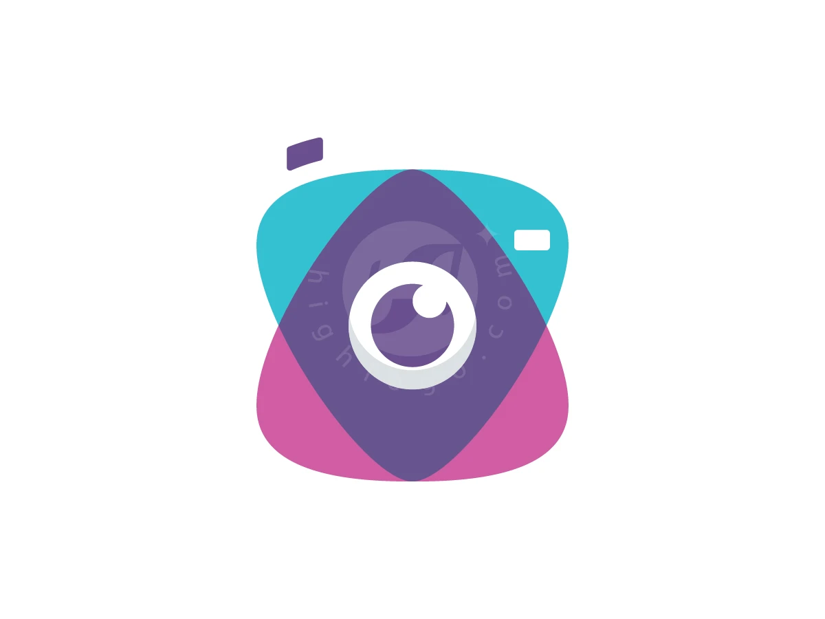 Abstract Eye Lens Focus Logo, Cyan and pink curved shapes overlap to form a camera icon with a central purple lens and white eye.