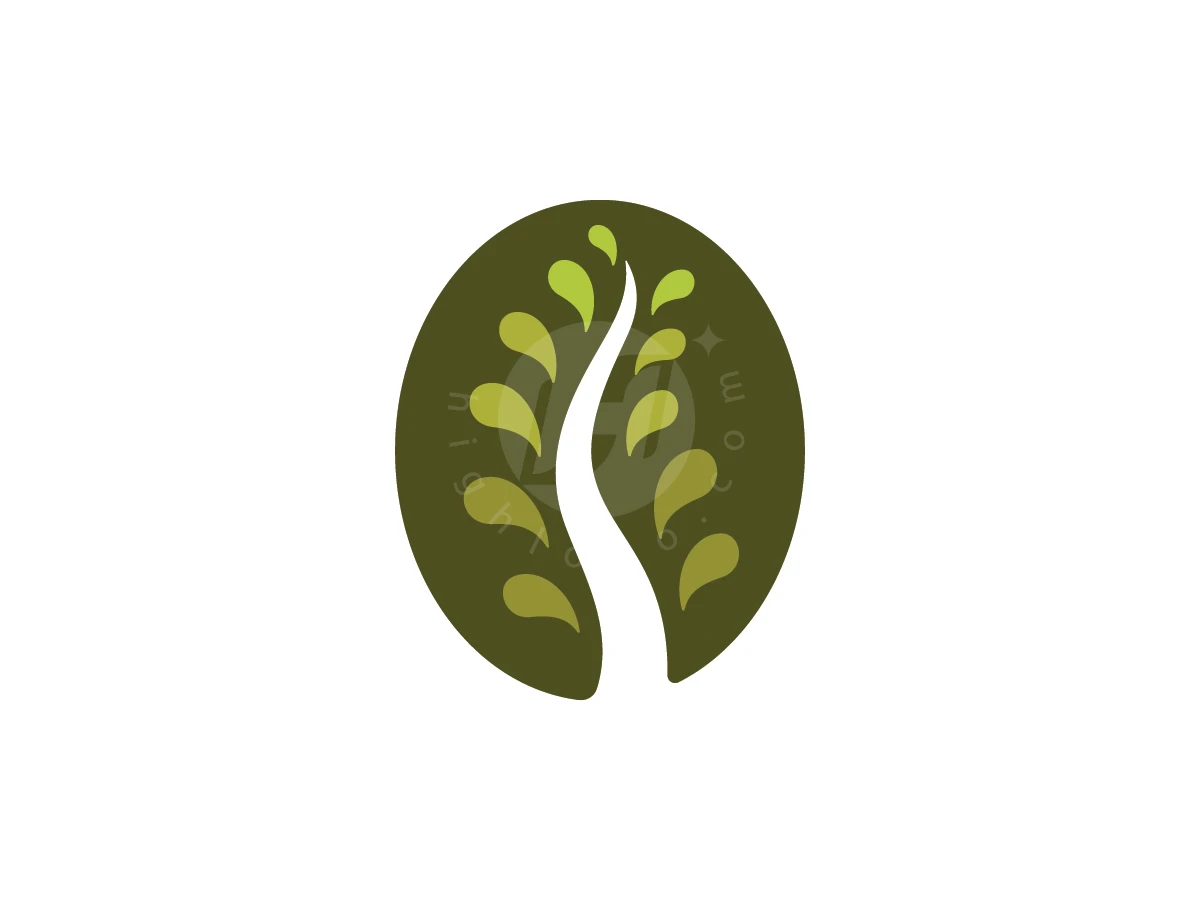 Organic Leaf Coffee Bean Nature Logo, Green leaves sprout along a winding white path inside a dark green oval, resembling a stylized coffee bean.