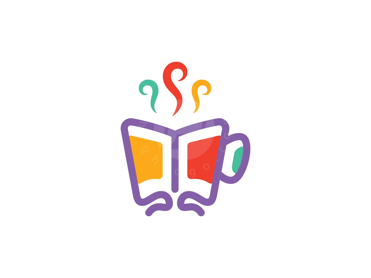 Playful Education Learning Brand Logo, Colorful steam swirls rise from a purple-outlined coffee mug designed to look like an open book.