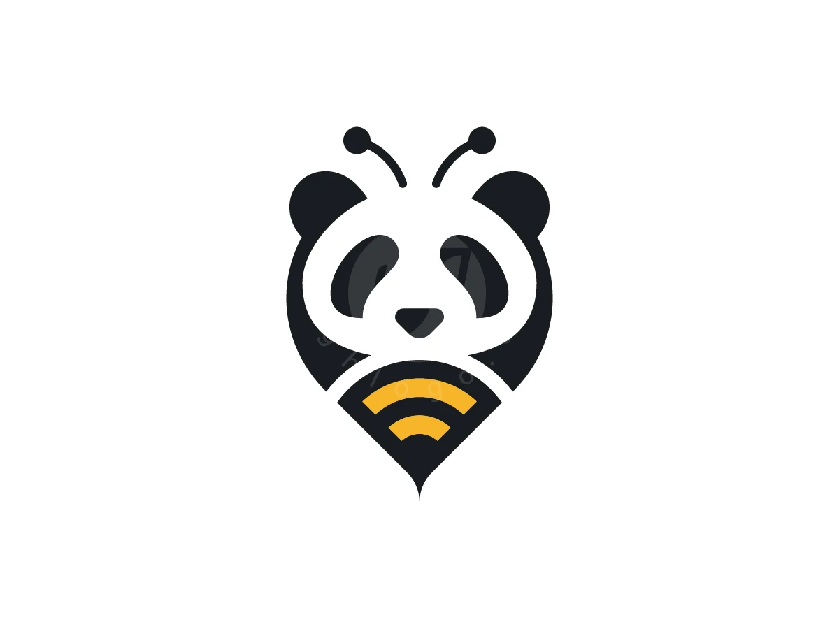 Panda Bee Pin Logo, Panda facial features merge with curved yellow stripes and antennae in a black and white graphic.