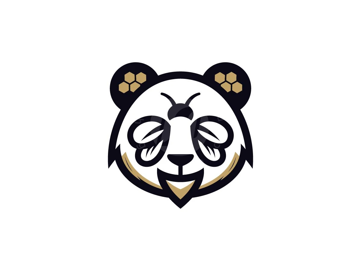 Bee And Panda Logo, Honeycomb patterns adorn the ears of a black, white, and gold panda face creatively merged with a bee.