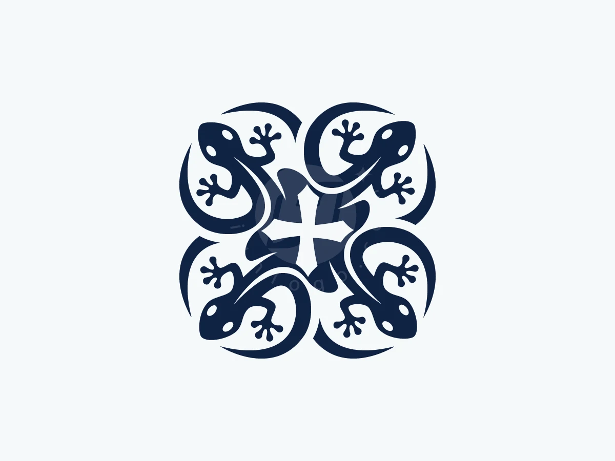 Gecko Harmony Logo, Arranged symmetrically, four dark blue geckos encircle a central white cross symbol on a light background.