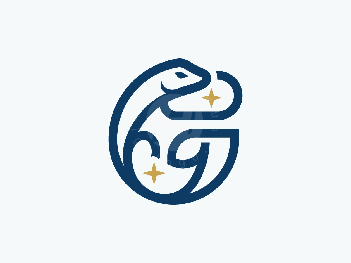 Gecko Letter G Logo, Curving navy blue line art creates a stylized letter G intertwined with a sleek animal profile and gold stars.