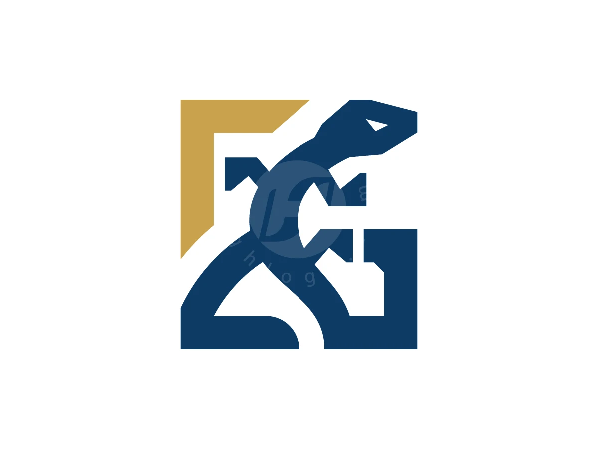 Gecko Letter G Logo, Geometric navy blue and gold emblem features a stylized lizard interwoven with blocky square letters on white.