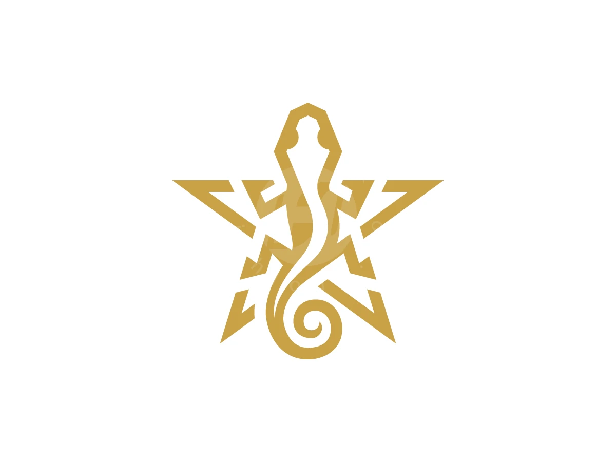 Star Gecko Logo, Gold line art forms a lizard with a curled tail merged into a geometric star shape.