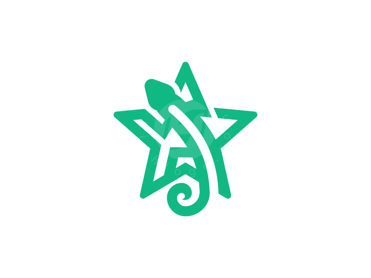 Star Gecko Logo, Vibrant green lizard with a curly tail seamlessly blends into a star outline against a clean white backdrop.