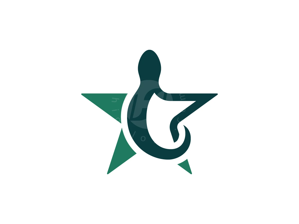 Star Gecko Lizard Logo, Shades of teal and green form a stylized lizard combined seamlessly with a five-pointed star on white.