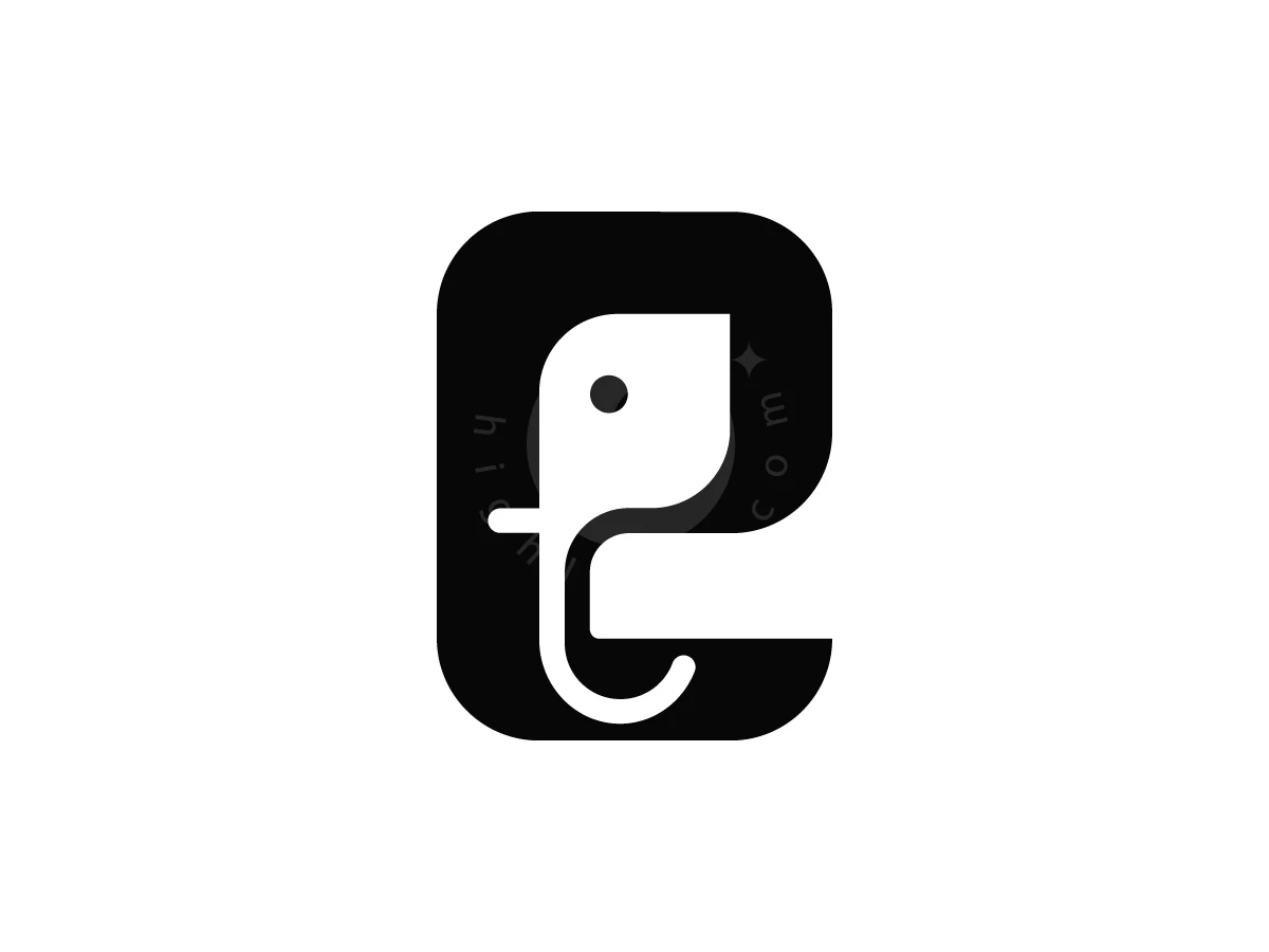 E Elephant Logo Design, Featuring a black letter 'e' shape, negative space forms a stylized white elephant head with a curved trunk.