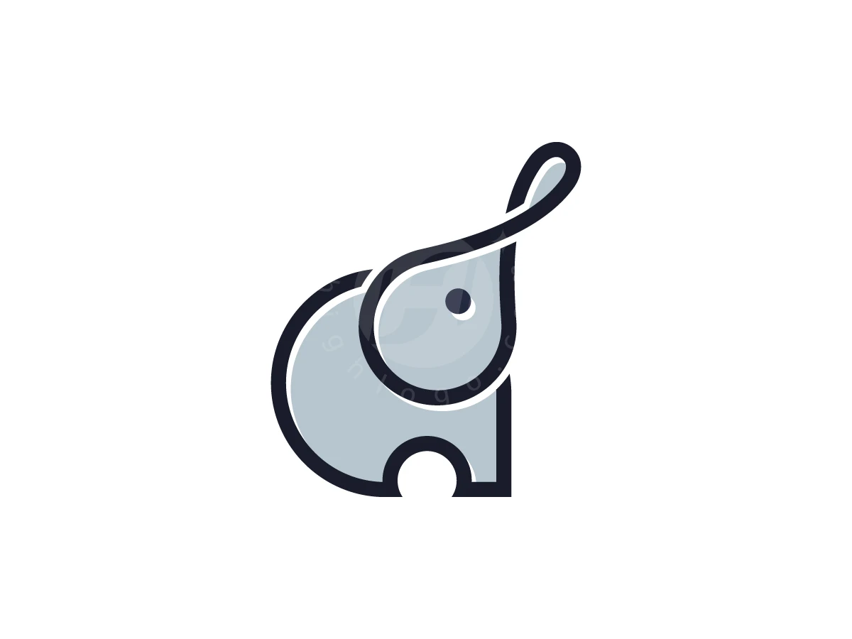 Infinity Baby Elephant Logo, With bold navy outlines and light grey fill, a stylized elephant stretches its looped trunk upward on white.