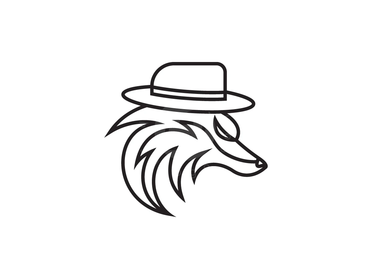 Mr Fox Detective Logo, Black line art depicts a stylized fox head wearing a fedora hat on a plain white background.