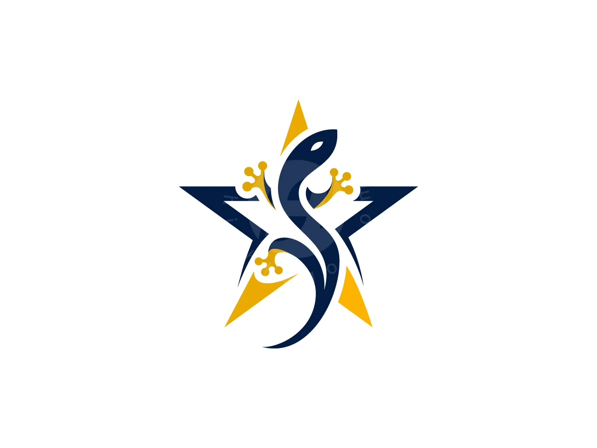 Star Gecko Logo, Curving dark blue gecko with yellow feet weaves through a split yellow and navy star on white background.
