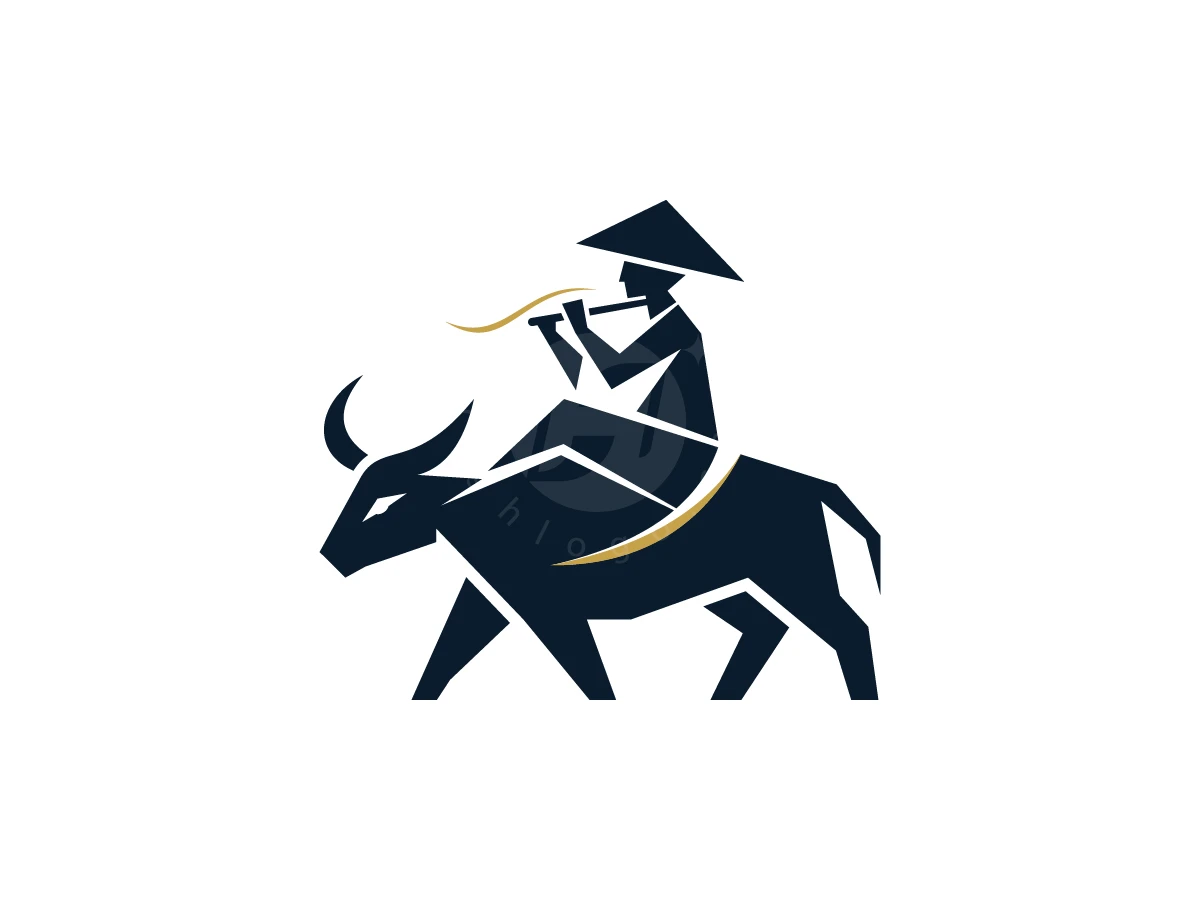 Buffalo Melody Journey Logo Design, Riding a dark geometric water buffalo, a silhouetted figure in a conical hat plays a flute with gold accents.