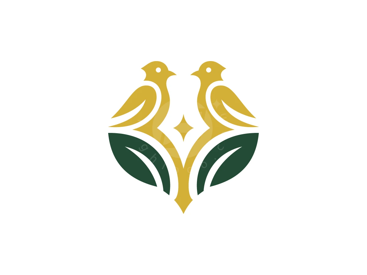 Twin Bird Leaf Logo, Two golden birds face each other symmetrically above dark green leaves with a small four-pointed star between them.
