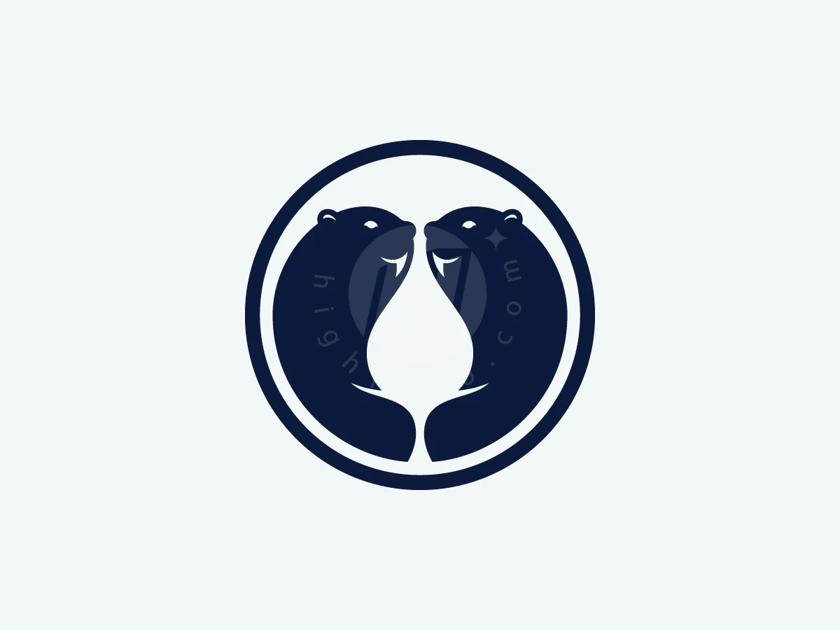 Twin Beaver Drop Circle Logo, Enclosed in a navy blue circle, two mirrored otters face each other, creating a central teardrop negative space.