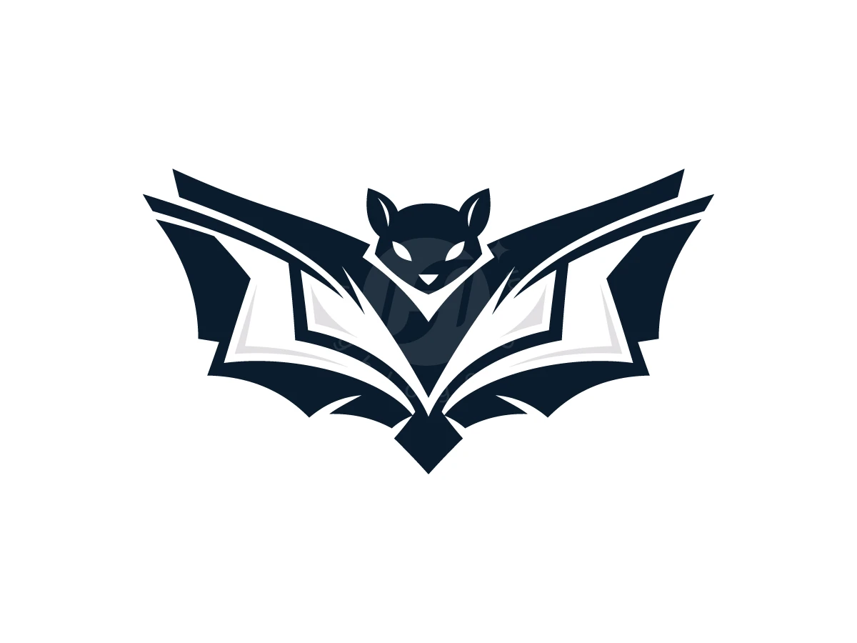 Flying Squirrel Book Logo Design, Symmetrical dark navy and white angular shapes depict a bat with wings stylized as open book pages.