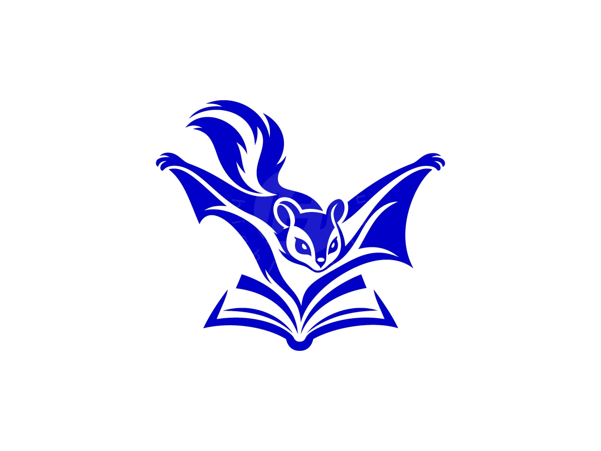 Flying Squirrel Knowledge Book Logo, Gliding upward against white, a stylized blue flying squirrel with spread flaps emerges from an open book.
