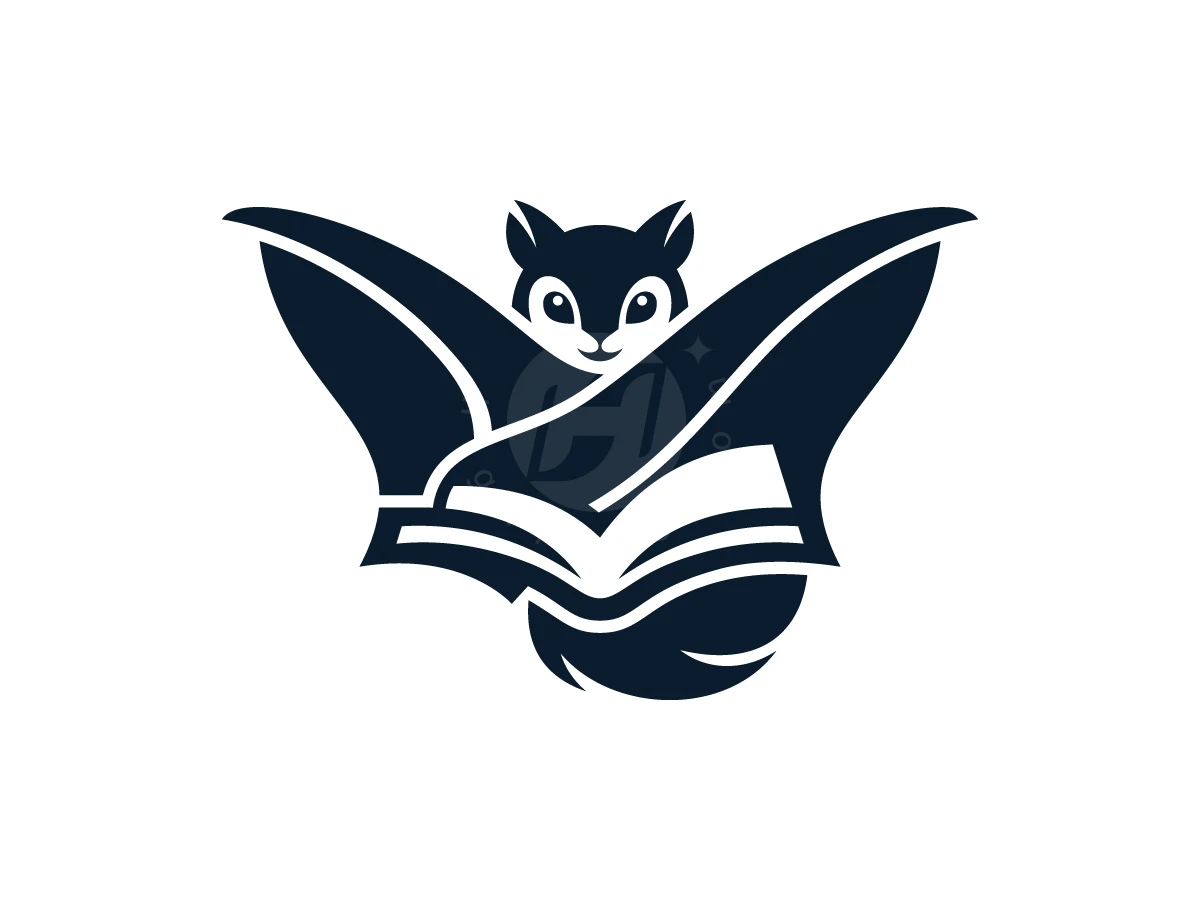 Flying Squirrel Open Book Logo, Book pages unfold into sweeping wings of a dark navy flying squirrel over a plain white background.
