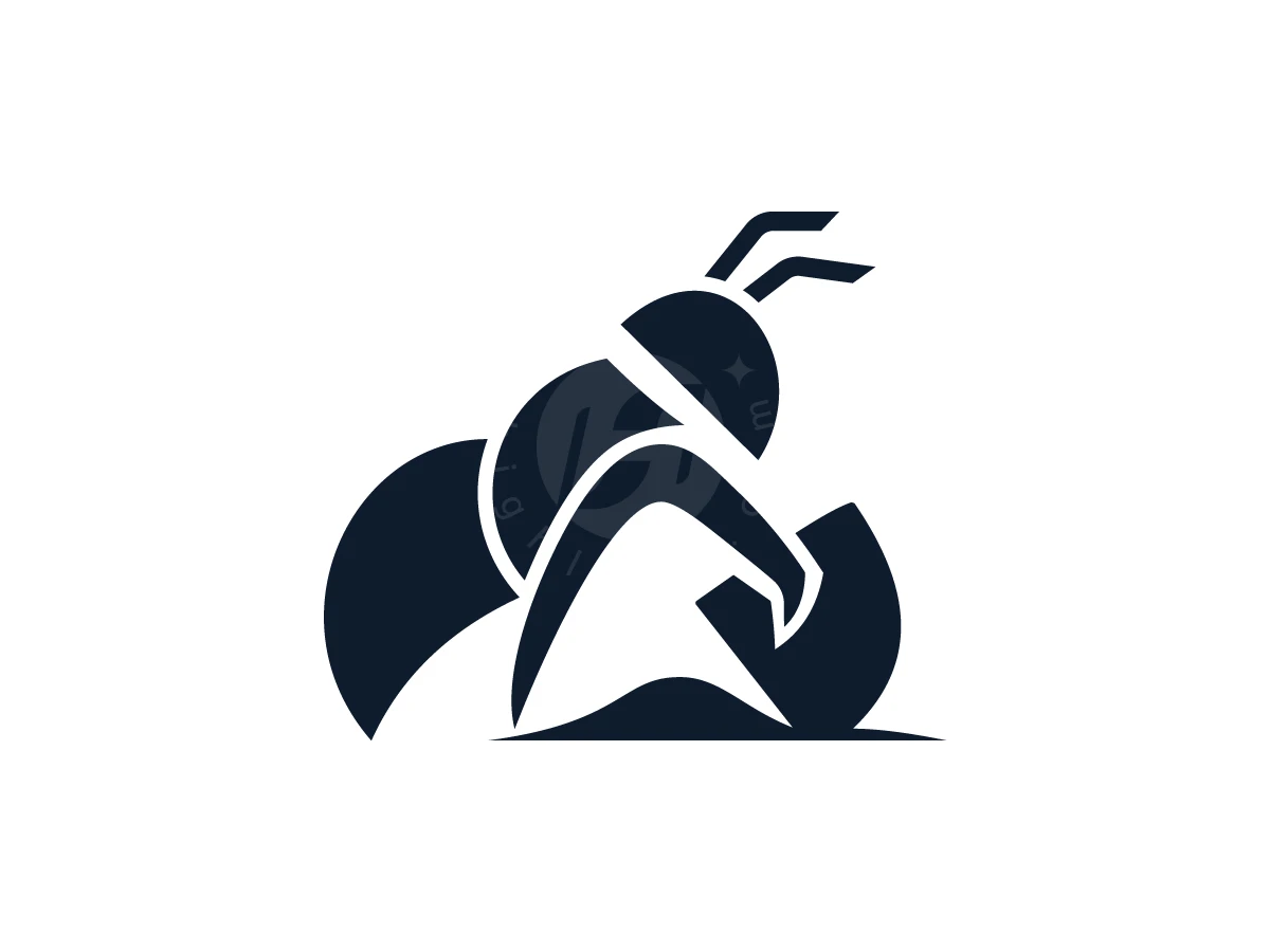 Excavator Ant Construction Logo Design, Negative space separates dark navy geometric shapes forming a stylized ant digging on a white background.