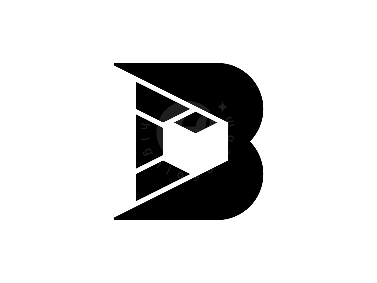 Letter B For Box Logo, Inside a bold black letter B, negative space forms a white 3D box on a plain white background.