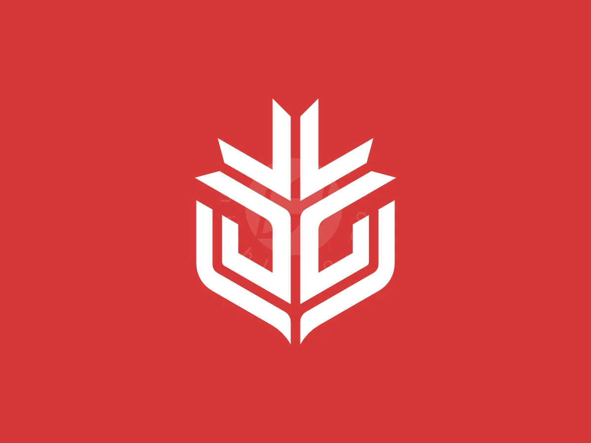 Anchor And Maple Leaf Logo, Against a solid red background, a white geometric emblem featuring sharp, symmetrical lines forms a stylized crest.