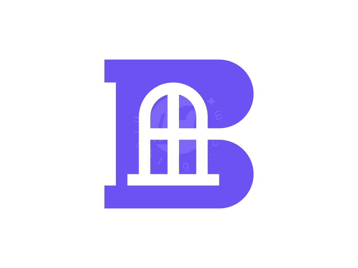 Modern Letter B And Window Logo, Within a solid purple letter B, a white arched window silhouette is featured against a clean white background.