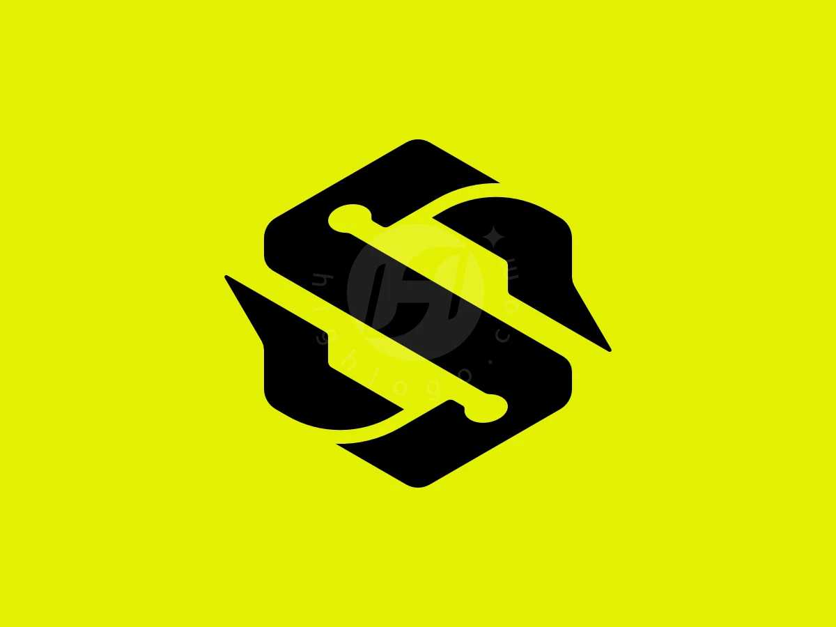 Futuristic Letter S Hexagonal Technology Logo, Against a bright yellow background, interlocking black geometric elements form a stylized hexagonal letter S.