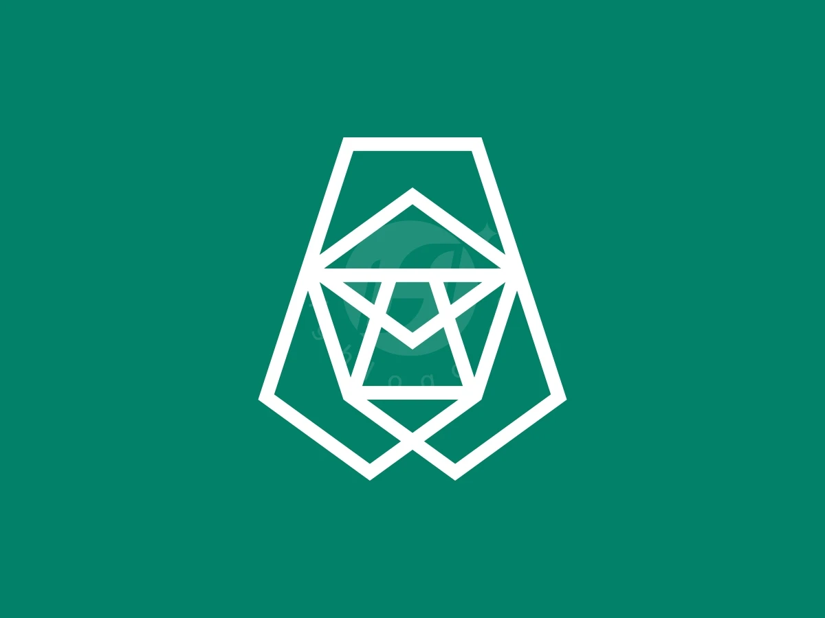 Minimalist Gorilla Line Head Logo, Against a solid teal background, sharp white geometric lines intersect to form a stylized gorilla face.