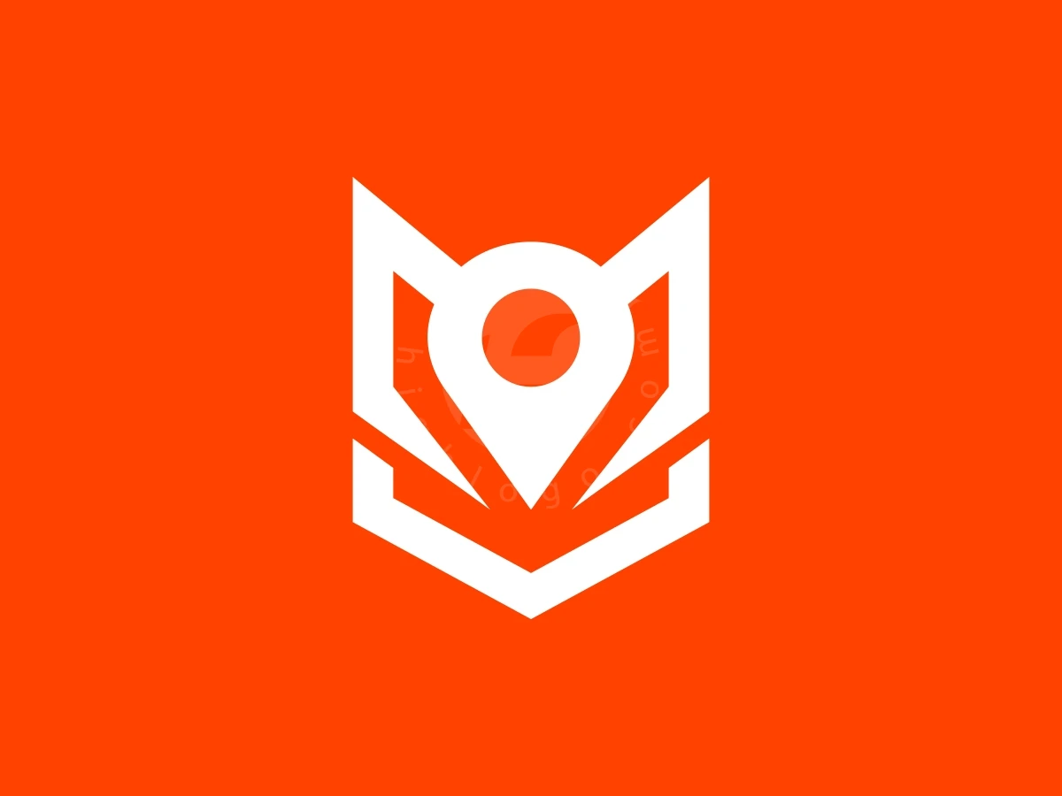 Simple Fox Pin Head Logo, Sharp white geometric lines outline a stylized fox face and location pin icon against a solid orange backdrop.
