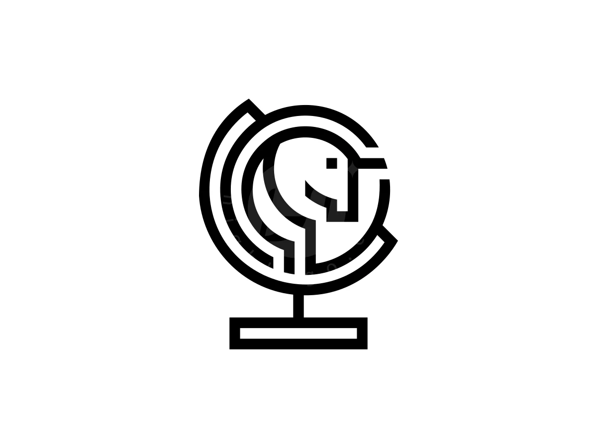 Unique Globe Horse Logo, Black geometric lines outline a chess knight integrated inside a desktop globe stand against a white background.