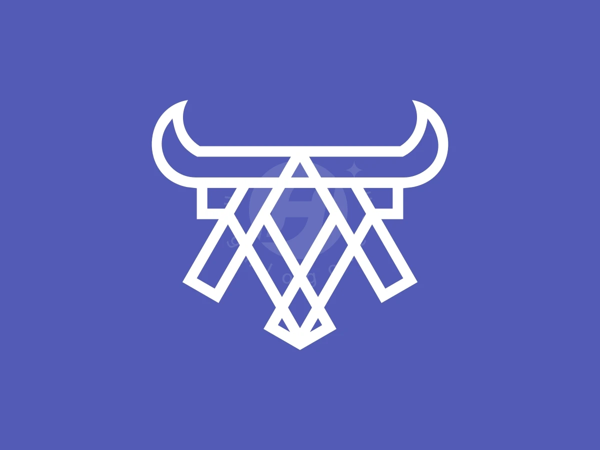 Letter AV Line Bull Head Logo, Symmetrical white geometric lines depict a stylized bull head with curved horns on a solid purple background.