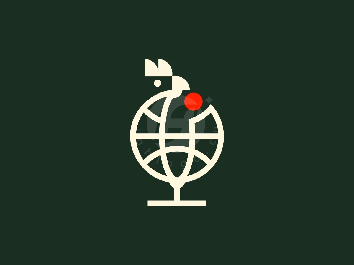 Abstract Globe Rooster Logo, Against a dark green background, cream-colored lines form a stylized rooster globe holding a bright red circular dot.